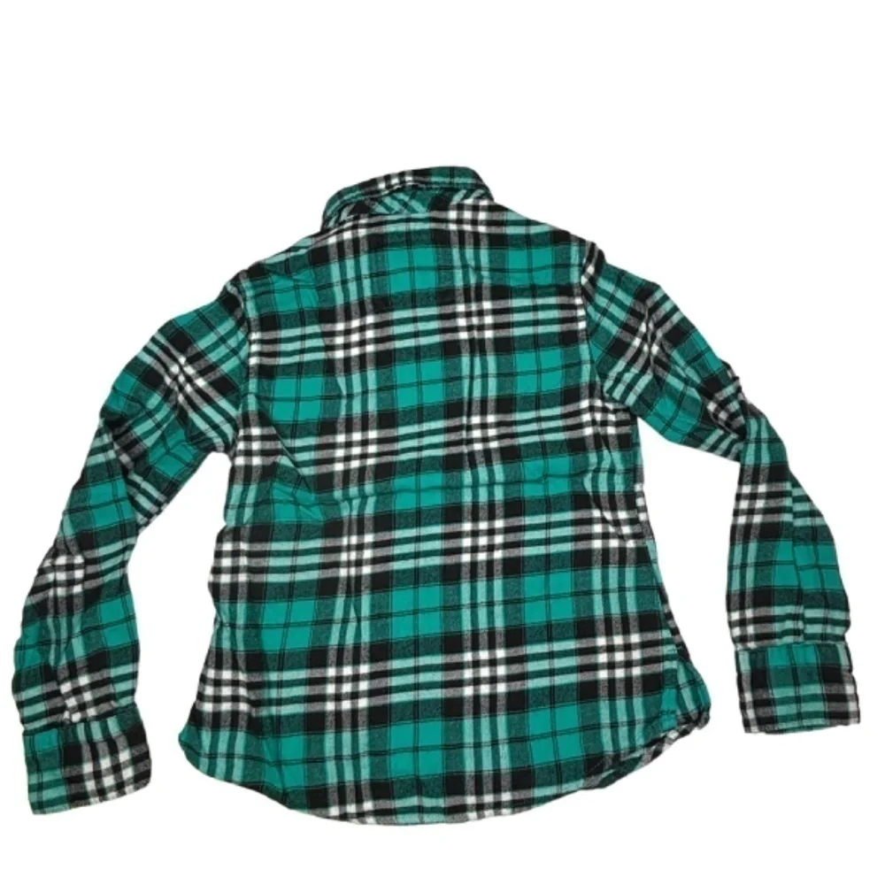 Justice Girls Top Size 7 Teal Black White Plaid Long Sleeve Button Down Shirt